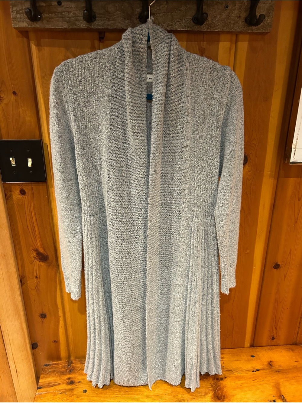 Mo Lou Long Duster Cardigan S/M Heathered Gray Open Front Shawl Collar